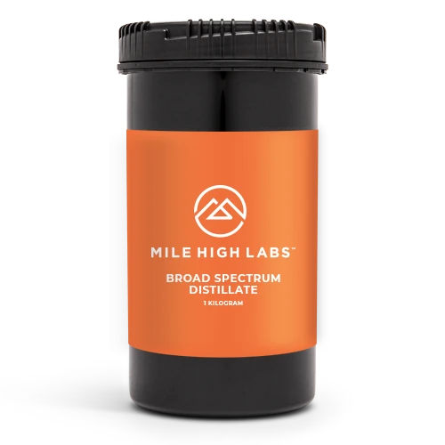 Broad Spectrum Distillate 1 kilogram container with orange label.