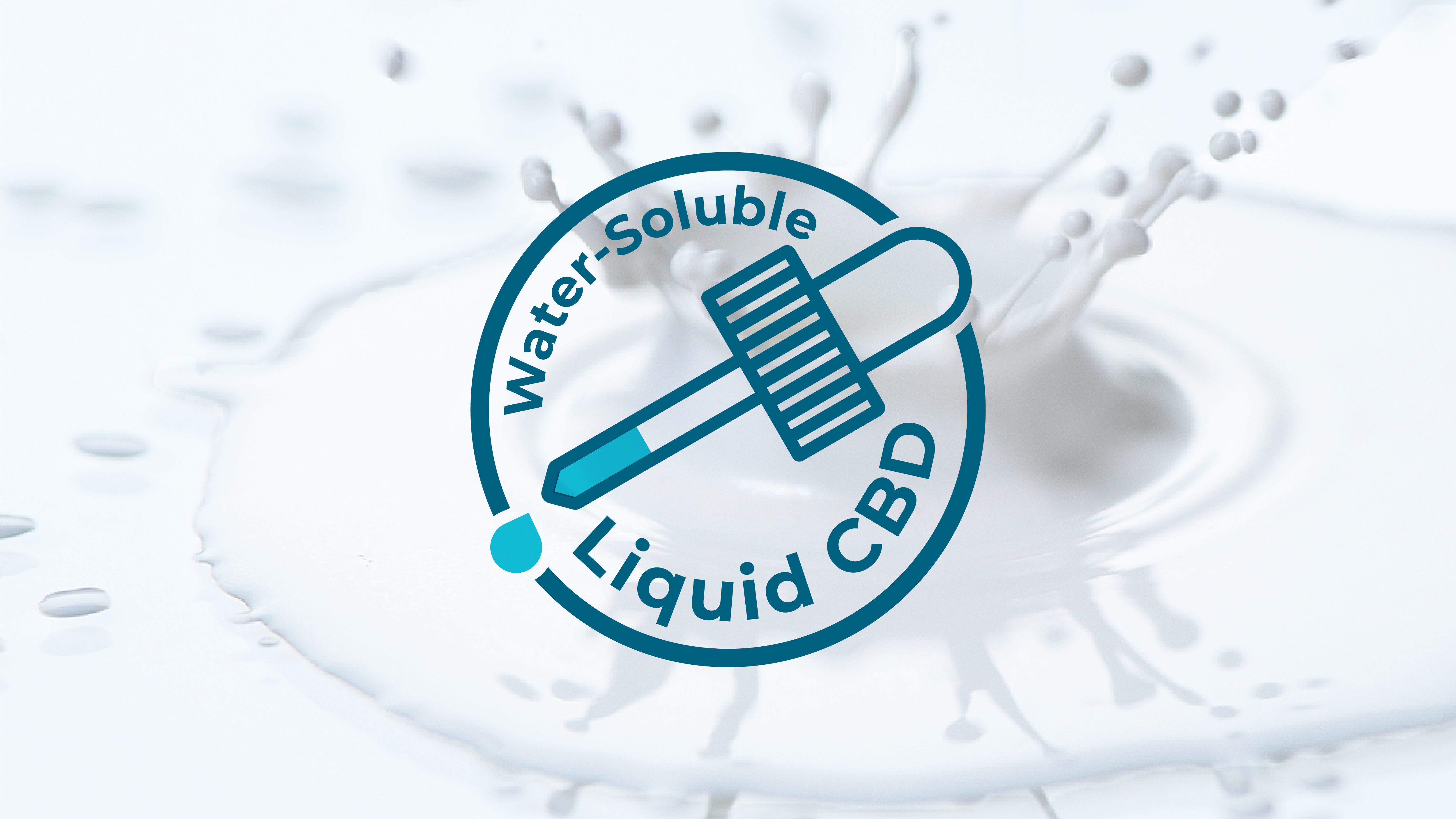 This is an image that represent Water Soluble Liquid CBD. A custom logo with this statement is overlaying an image of CBD splashing as liquid in the background.