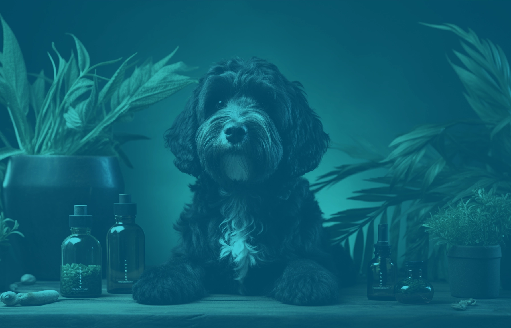 This is an image of a dog with a CBD inspired foreground and background.